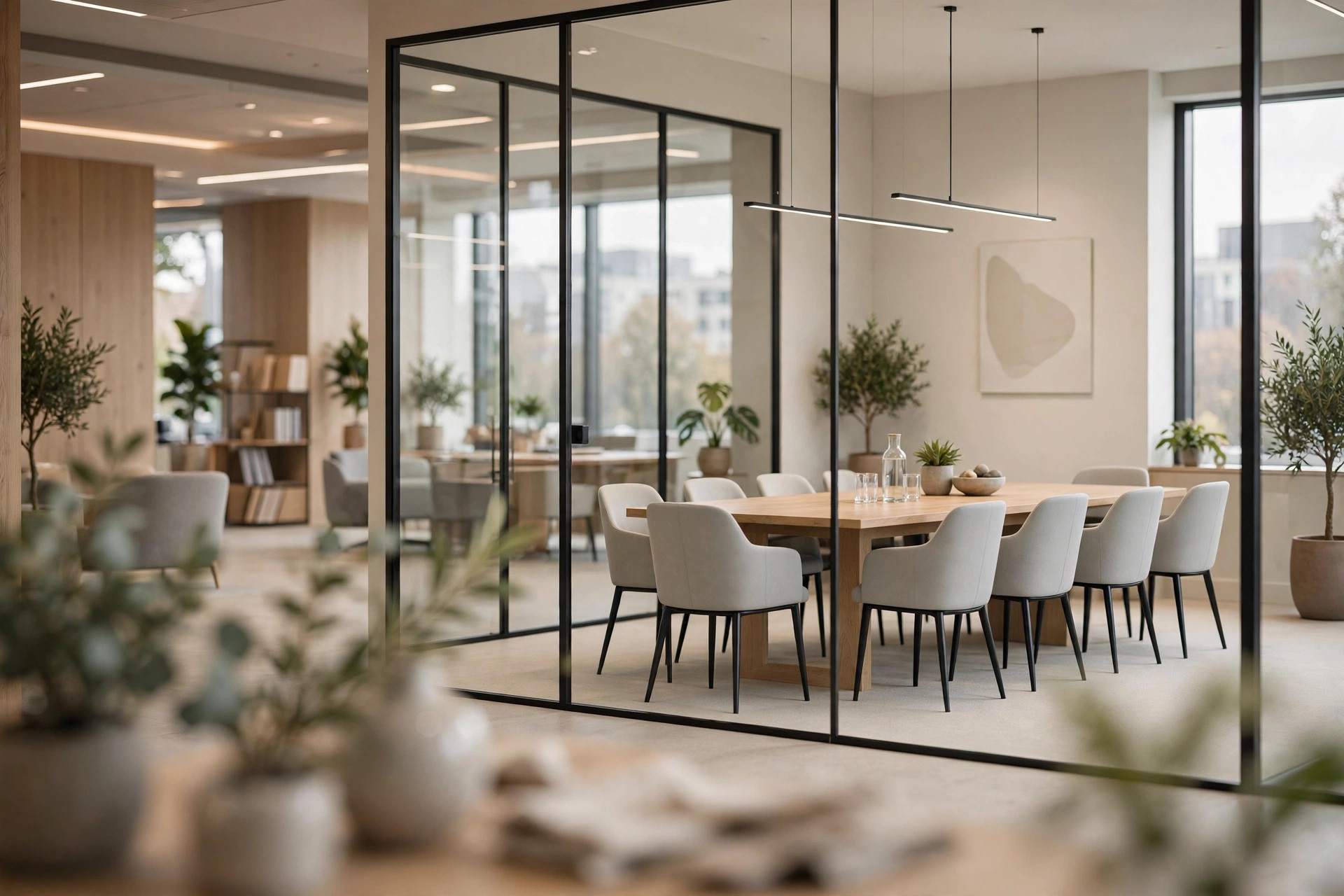Bright modern law office interior with a glass-walled meeting room